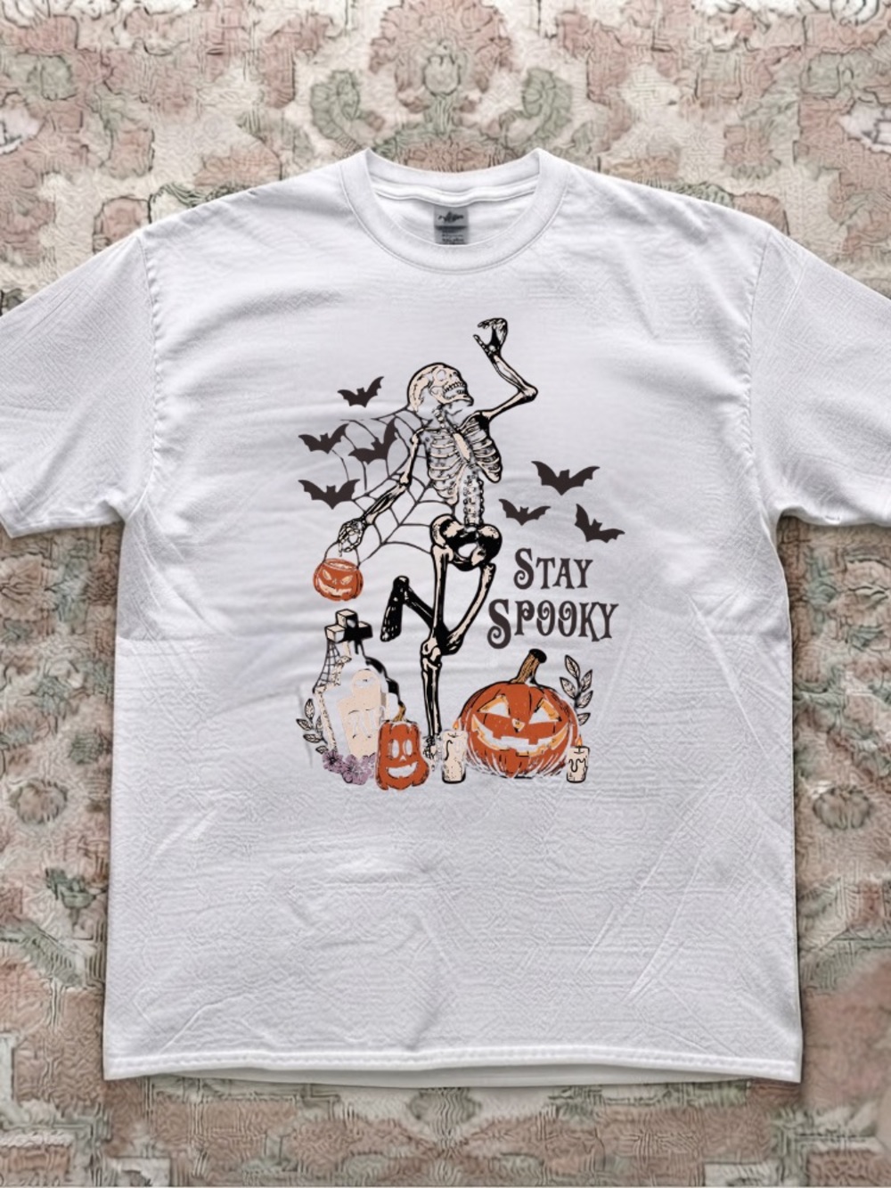 Stay Spooky Skeleton Witch Bats Jack O' Lantern Halloween Vintage White T-Shirt